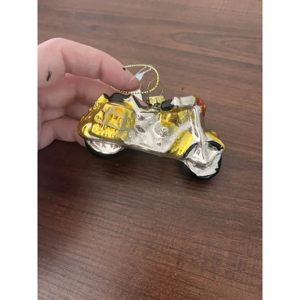 Vtg Yellow MOTORCYCLE CHRISTMAS GLASS ORNAMENT NEW W/TAG